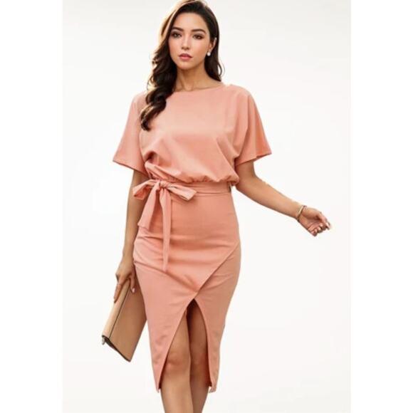Womens Peach Belted Midi Dress Short Sleeve Office Cocktail Summer Party Dress S - Picture 7 of 14